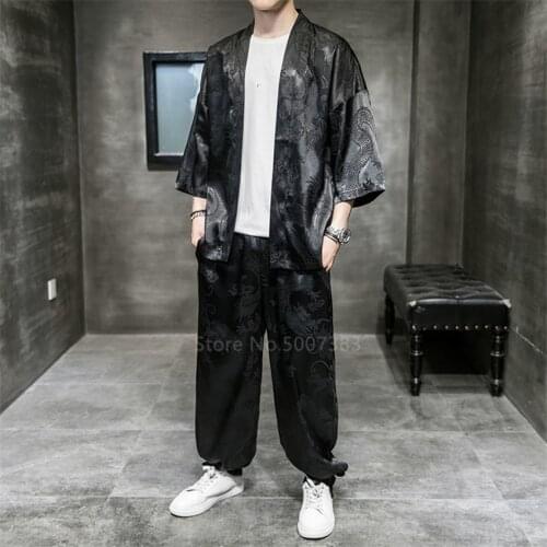 Male Japanese Style Kimono Set Fashion Harajuku Summer Streewear Silk Dragon Embroidery Casual Haori Chinese Kung Fu Uniforms