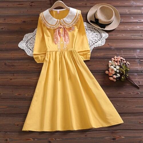 New Japanese Preppy Style Women Dress Peter Pan Collar Patchwork Yellow Fruit Embroidery Dress Cute Kawaii Girls Dress With Tie