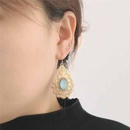 New Arrivals Bohemia Gold Color Flower Engraved Mint Stone Decorated Statement Drop Earrings For Women Elegant Party Jewelry