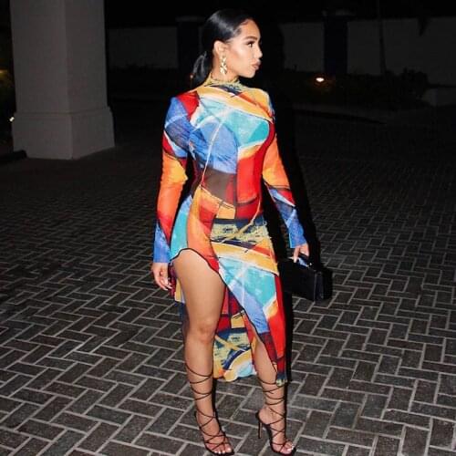 Women 2021 Winter Autumn Tie Dye Printed Dresses Turtleneck Long Sleeve Party Bodycon Sexy Club Midi Dress Female