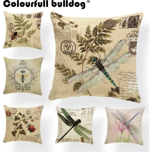 Dragonfly Cushions Leaves Cover Pillows Blue Backyard Gift For Students Stamp Pillow With Cover Insect Butterfly 17.7Inch Burlap