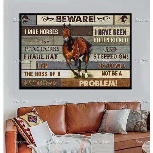 Horse Retro Poster Beware I Ride Horses I Use Pitchforks I Haul Hay Poster Wall Art Prints Home Decor Canvas Unique Gift