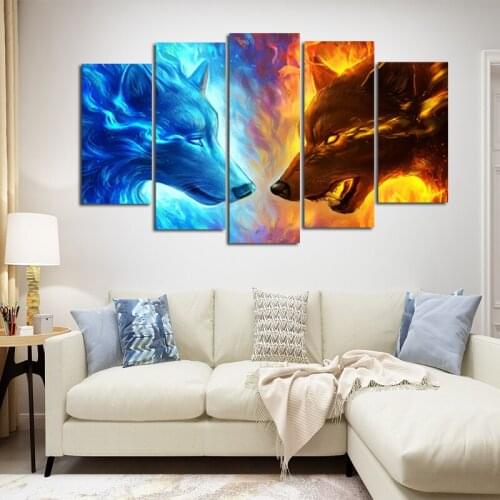 RELIABLI ART 5 panels Ice and Fire Wolf Canvas Painting Wall Art Poster Print For living room Animal Art Decorative Pictures