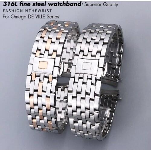 20mm High Quality 316L Soid Stainless Steel Watch Bands Fit For Omega De VILLE 424 Butterfly Buckle Strap Curved End Watchband