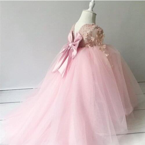 Pink Little Girls Dresses for Wedding Party 3D Flowers Long Sleeve Kids Clothes Tutu Gown Girls Birthday Dress with Bow