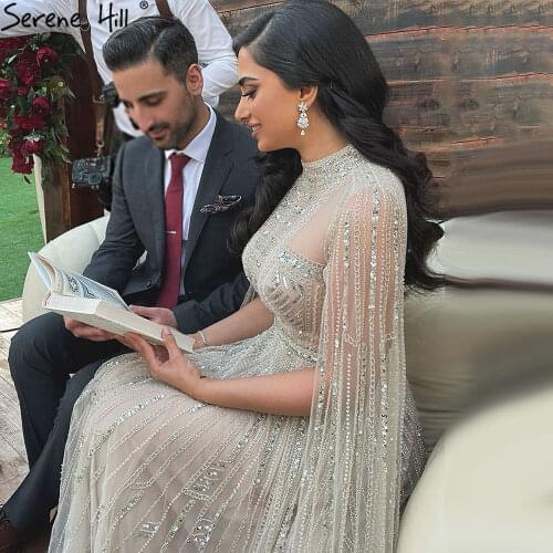 Serene Hill IvoryA-Line Beading Evening Dresses Arabia Luxury Cape Sleeves 2021 Formal Dress Gowns For Women Party DLA71047