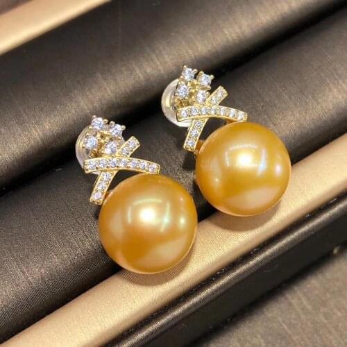 D822 Pearl Earrings Fine Jewelry 925 Sterling Silver Round 8-9mm Fresh Water Golden Pearls Stud Earrings for Women Fine Presents