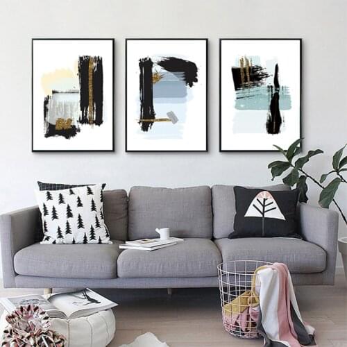 Nordic Abstract Black White Canvas Painting Modern Minimalist Golden Wall Art Posters and Prints Decorative Picture Living Room