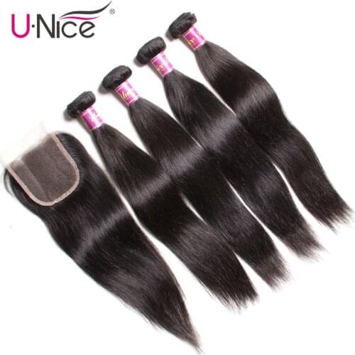 Unice Hair Straight Brazilian Hair Weave Bundles with Closure Remy Human Hair 4 Bundles with Closure 5pcs Hair Weave and Closure