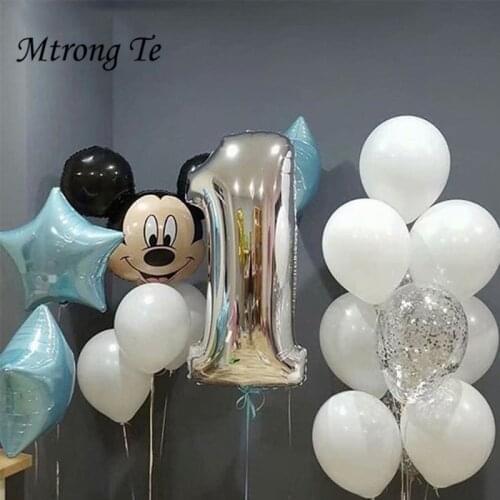17pcs/Lot Mickey Minnie Mouse Foil Balloons Silver Number Balloon 1 2 3 4 5 6 7 8St Birthday Party Decor Boy Girl Kids Gift Toy