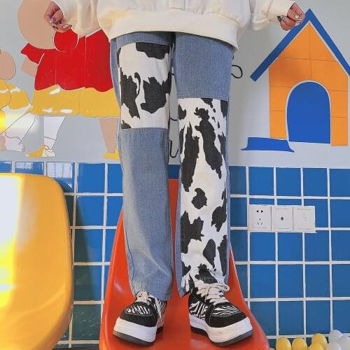 Japanese High-Waist Jeans Women Harajuku Y2k Street Cows Hit the Color Straight Pants Stitching Casual All-Match Streetwear