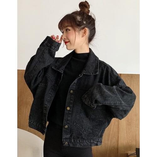 Womens Coat jeans Korean Casual Black Loose Plus Jeans Autumn Single Row Button Double Pocket Fashion Womens Wear Fashion Wome