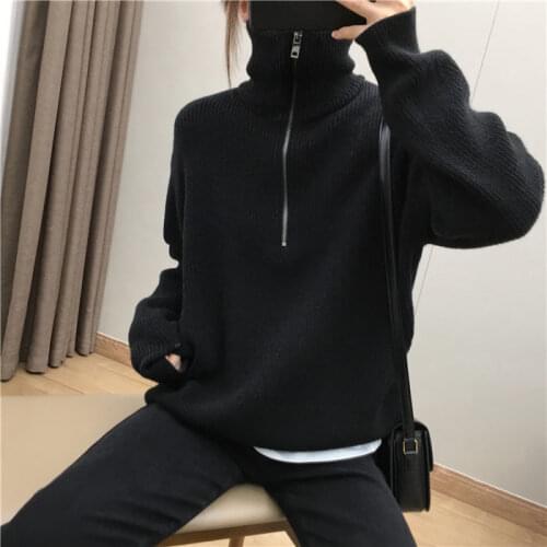 2021 Women Spring Autumn New Turtleneck Zipper Pullovers Female Loose Long Sleeve Sweater Tops Ladies Solid Knitted Jumpers R581