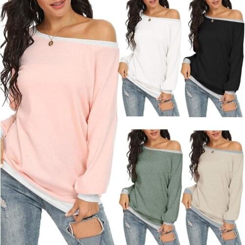 Women Color Block T Shirts Round Neck Sexy Drop Shoulder Tunic Tops 2020 Female Autumn Long Sleeve Casual Loose Pullover Shirt