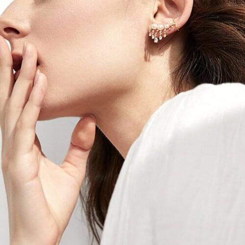 Origin Summer Imitation Pearl Tassel Earrings for Women Gold Color Metal Shiny Rhinestones Clip Earrings Jewelry Accessories