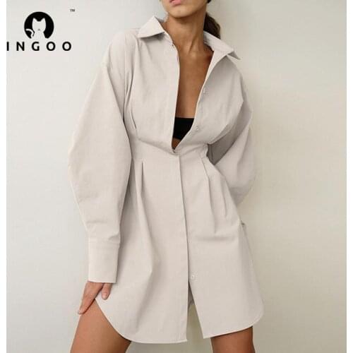INGOO Long Sleeve Pleated Shirt Dress Women Solid Casual Single Breasted Lapel Commuter Slim Mini Dresses Elegant Office Ladies