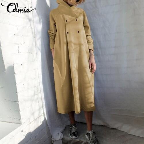 2021 Winter Sweatshirt Dress Celmia Women Turtleneck Vintage Dresses Plus Size Solid Buttons Casual Pockets Midi Robe Vestidos