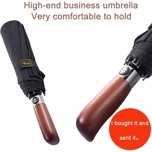 2019 new ten bone solid color wooden handle automatic three fold advertising umbrella men and women business umbrella