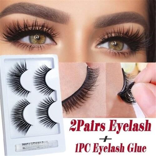 2Pairs Faux Mink Hair False Eyelashes With Eyelash Glue Handmade Eyelash Extension Big Eyes Makeup Natural Wispy Lashes