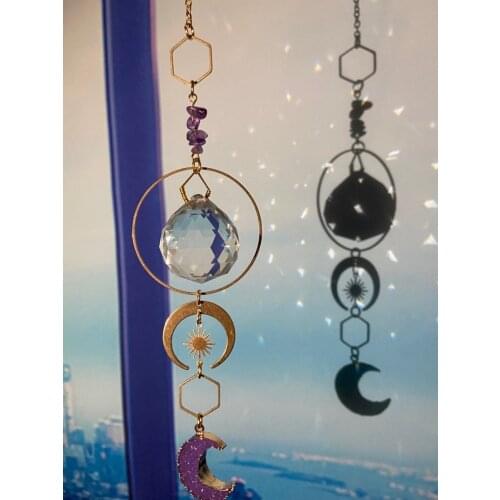 Amethyst Sun Catcher Prism Crescent Moon Boho Decoration Home Decor Room Witchy Car Charm Rainbow Maker Druzy Crystal Suncatcher
