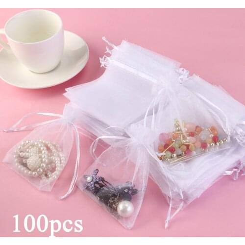 White Organza Gift Bags Organza Bag 100 Pcs 7x9cm 9x12cm Drawstring Gift Bags Wedding Favors Bags Jewellery Pouches Gift Bag
