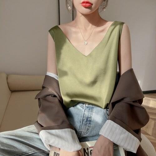 Womens Top New Sleeveless Elegant Blouses Office Uniform V Neck Basic Female Silk Satin Blouse Summer Shirt