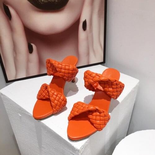 Plaid woven soft leather thin-heeled sandals womens new open toe sexy high-heeled sandals to wear outside2021