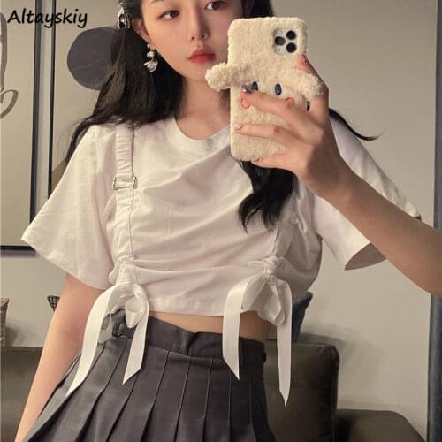T-shirts Women Solid Fashionable Chic Bow Cropped Sexy Stylish Skinny Short Sleeve Feminino Clothing Casual Summer Korean Style