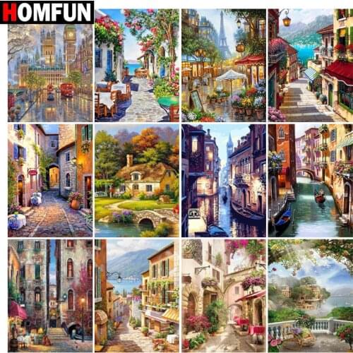 HOMFUN Paint With Diamond Embroidery "Paris streets" Diamond Painting Full Square Round Picture Of Rhinestone Decor