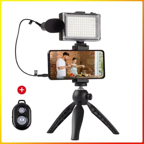 Smartphone Video Kit with Mini Tripod Phone Clamp Video Microphone Led Fill Light for iPhone Filming Interview Live YouTube