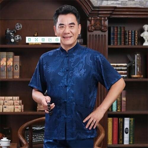 Stand collar middle-aged Tang suit men buckle blazer short sleeve silk casaco jaqueta masculina coats mens jacket Chinese style