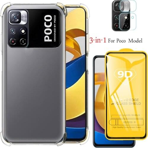Funda/Coque/Capa Xiomi Poco M3 F3 Case,Transparent Phone Case + Glass Pocom3 Little X 3 Poko X3 Pocophone F3 F2 Pro 360 Bumper Airbag Anti-Shock Protective Cover For Xiaomi Poco M3 X3 NFC Pro 2021 Silicone Case