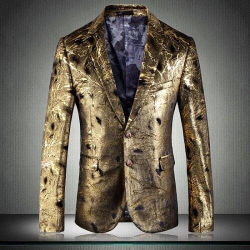 2021 Gold Printed Mens Blazer Luxury Single Breasted Prom Blazers Men Plus Size 5xl Slim Fit Wedding Party Male Blazer