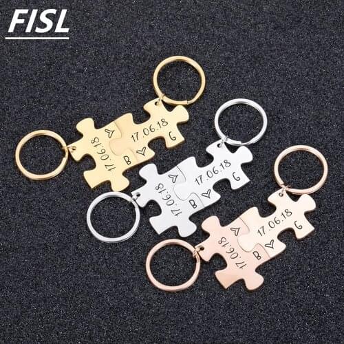 Fils New 2 PCS Keychain Men Custom Puzzle Keychains carve Date and Two Initials Love Gifts for Husband Wife Boyfriend Girlfriend