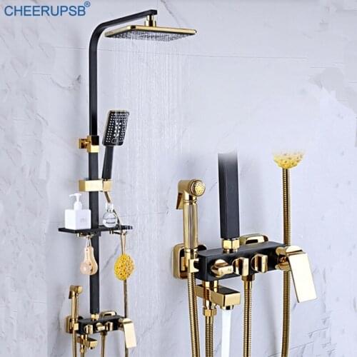 Bathroom Wall Mount Black Shower System Square Rainfall Shower Set White Copper Bath Shower Faucet Bathtub Taps with Bidet Spray