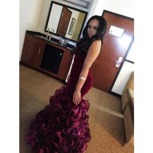2020 New Burgundy Long Mermaid Prom Dresses Tiered Sweetheart Velvet Plus Size Formal Party Gowns Evening Dress Vestios