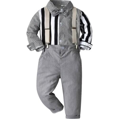 2021 Autumn New Baby Boy Clothing Sets Kids Fashion Shirts Suits Korean Striped Shirts Suspender Pants 2pcs Suits for Boys 2-8 Y