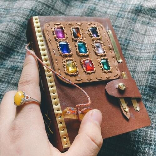 Original Handmade Antique Gem Inlaid Hand Ledger Pure Cow Leather Portable Small Notebook Travel Mood Diary