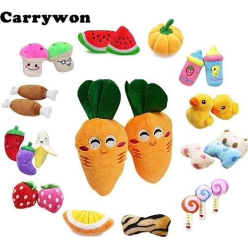 CARRYWON Pet Dog Puppy Chew Toys Anti Bite Squeaker Squeaky Plush Sound Fruits Vegetables Feeding Bottle Designs Pet Toy product