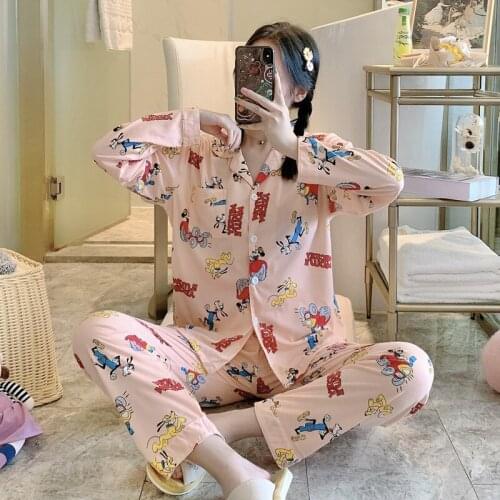 Chicnymph 2 Pieces Pajamas Set Autumn Cartoon Women Sleepwear Long Sleeve Turn-down Collar Pajamas for women Ladies Pyjamas