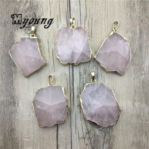Free Form Faceted Rose Quartzs Pendant,Pink Crystal Charm With Gold Edges And Bail For Jewelry Making MY1748