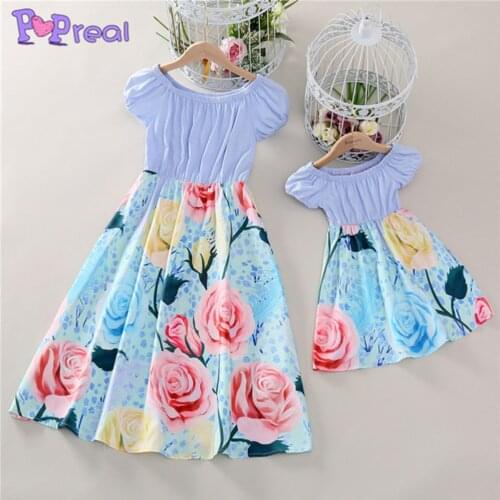 PopReal Mom And Daughter Skirt Parent-Child Outfit Fashion Color Matching Dress Family Matching Outfits Round Neck Flowers Print
