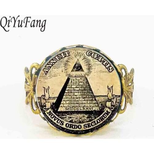 Qiyufang ring Steampunk Vintage symbol masonic illuminati freemason for men antique print illustration poster bronze steel ring