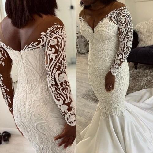 Gorgeous Plus Size Mermaid Wedding Dresses Bridal Gowns Lace Appliqued Beaded V Neck Long Sleeve Vestido De Noiva
