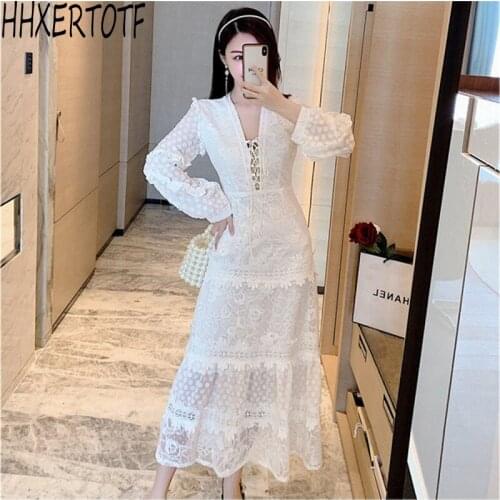 High Quality 2021 spring Elegant Ruffles V-neck Long Sleeve White Lace Long Party Dress Women Dress