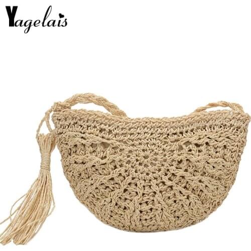 2019 New High Quality Half Round Straw Bags for Women Summer Beach Rattan Bag Handmade Woven Half Moon Crossbody Handbags