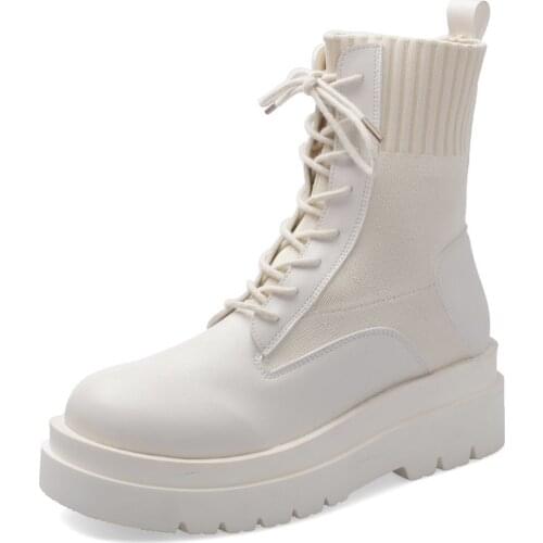 Womens Martin Boots Autumn Korean Version of The New Thick-soled Heightened Short Boots Knitted Leather Stitching Lace-up Boots