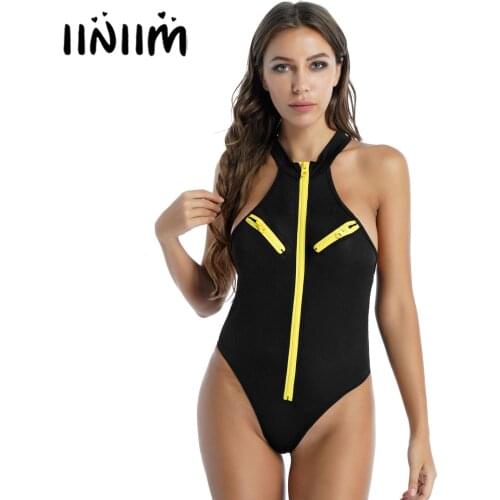 Womens Ladies High Cut Bodysuit Swimsuit One-piece Zipper Front Sleeveless Surfing Sunbathing Swimwear Bathing Suit Clothes