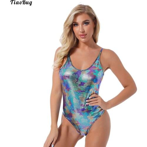 Women Sexy Metallic Shiny Faux Leather Spaghetti Strap Swimming Bodysuit Snakeskin Printed Scoop Neck Sleeveless Bikini Leotard