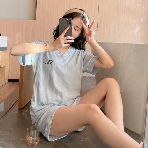 2021 Summer Womens Short Sleeve Pajamas V-neck Cotton Nightwear Pure Color Letter Shorts Sweet Lovely Home Suit Thin Sleepwear